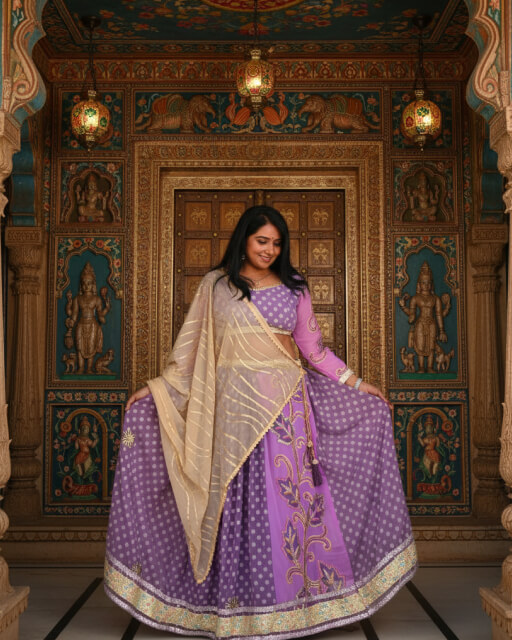 Woman wearing a lavender embroidered lehenga with a golden dupatta, custom-designed by Anokhi by Sneha boutique in Rajkot, posing gracefully in front of an ornate traditional doorway.