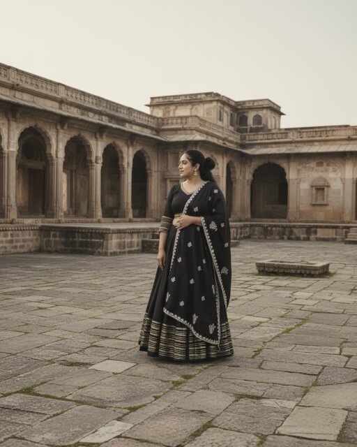 Woman wearing an elegant black chanya choli with golden border, custom-designed by Anokhi by Sneha boutique in Rajkot, posing gracefully in a historic heritage courtyard.